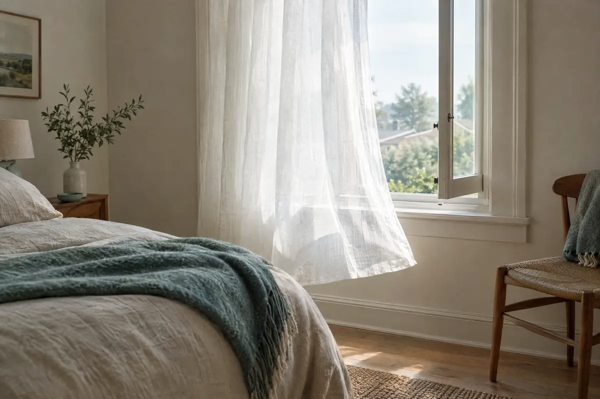 A bedroom window opened a few inches, a sheer curtain lifted by fresh air.