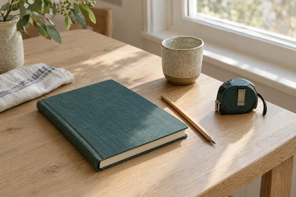 A closed notebook, pencil and tape measure on a kitchen table by a window.