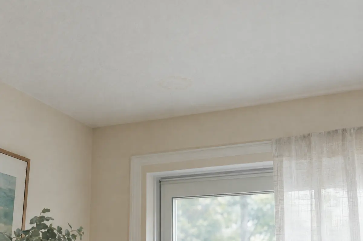 A faint, dry water mark on a white ceiling above a window.