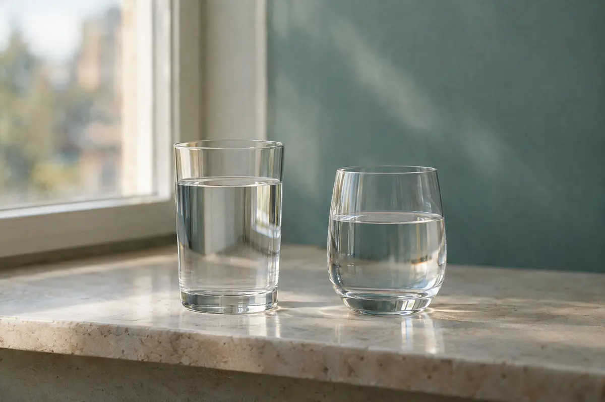 Two different glasses of water side by side on a windowsill.