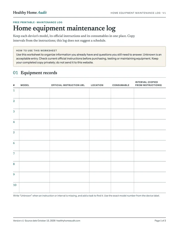 Page 1 of 2: model, official instruction URL, location, consumable, interval copied from instructions