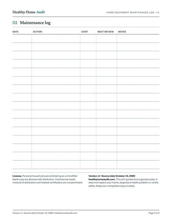 Page 2 of 2: date, action, cost, next review and notes