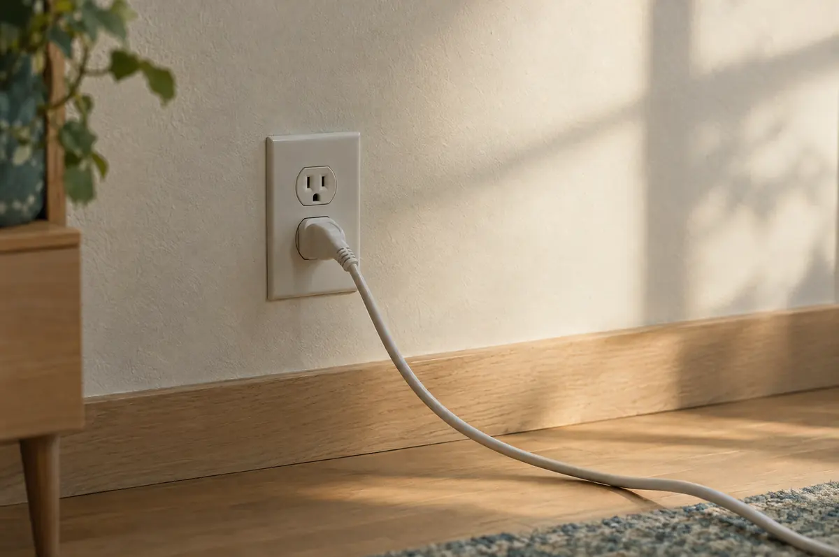 A plug in a wall outlet above a wooden baseboard in afternoon light.