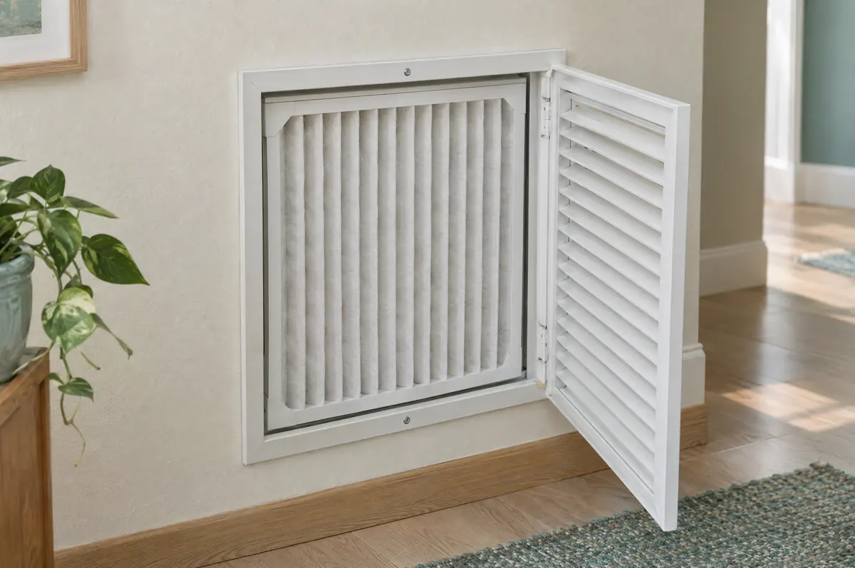 A wall-mounted return-air grille opened to show a pleated air filter.