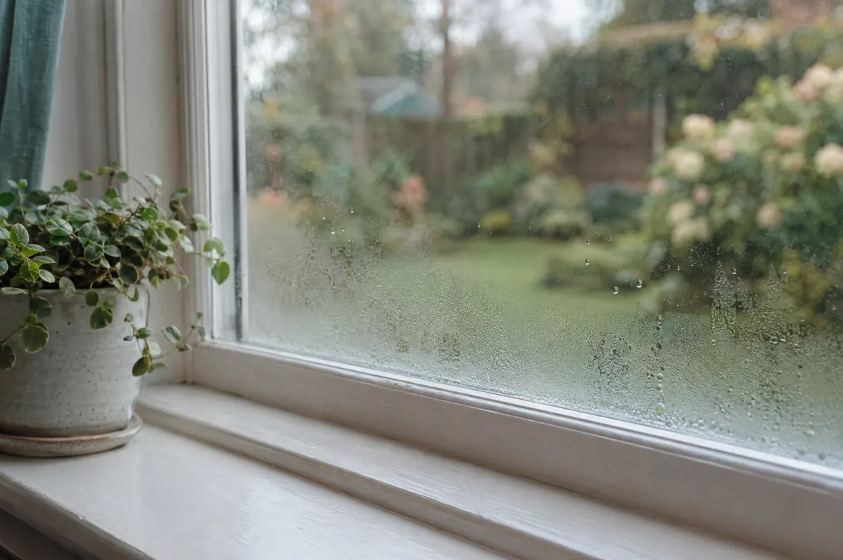 Light condensation on the lower part of a bedroom window pane.