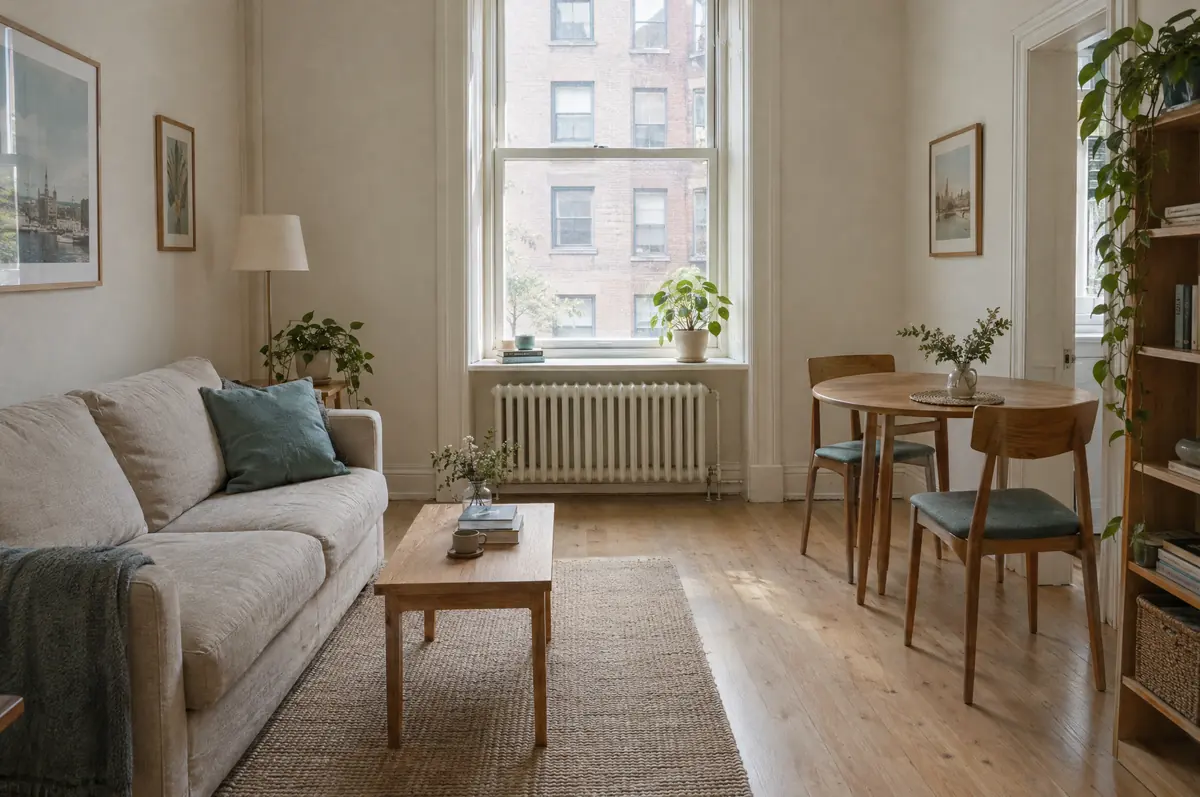 A small, bright apartment living room with a radiator under a tall window.