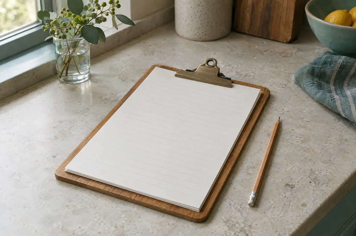 A clipboard with blank ruled paper and a pencil on a kitchen counter.