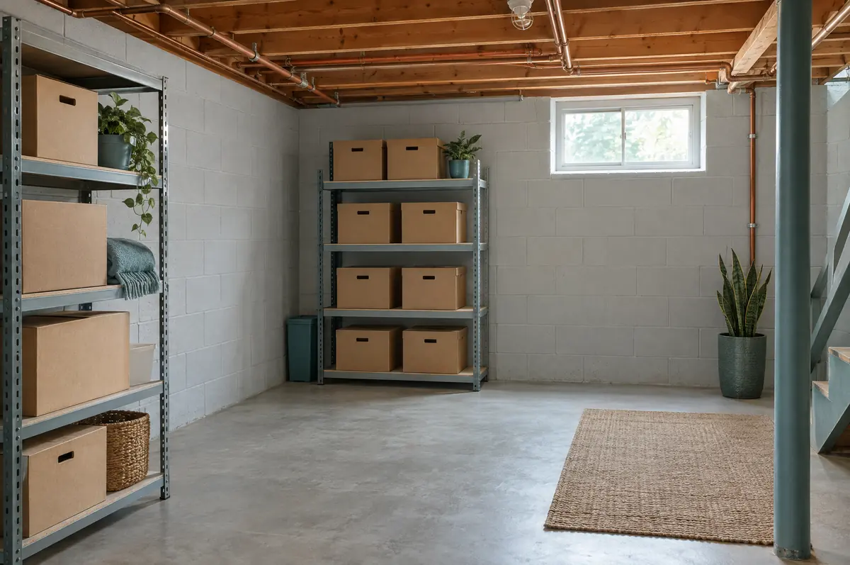 A tidy unfinished basement corner with shelving and a small high window.