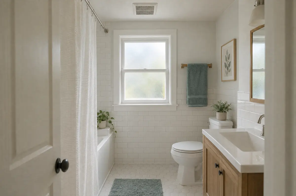 A small bathroom with a ceiling exhaust fan grille, a window and a teal towel.