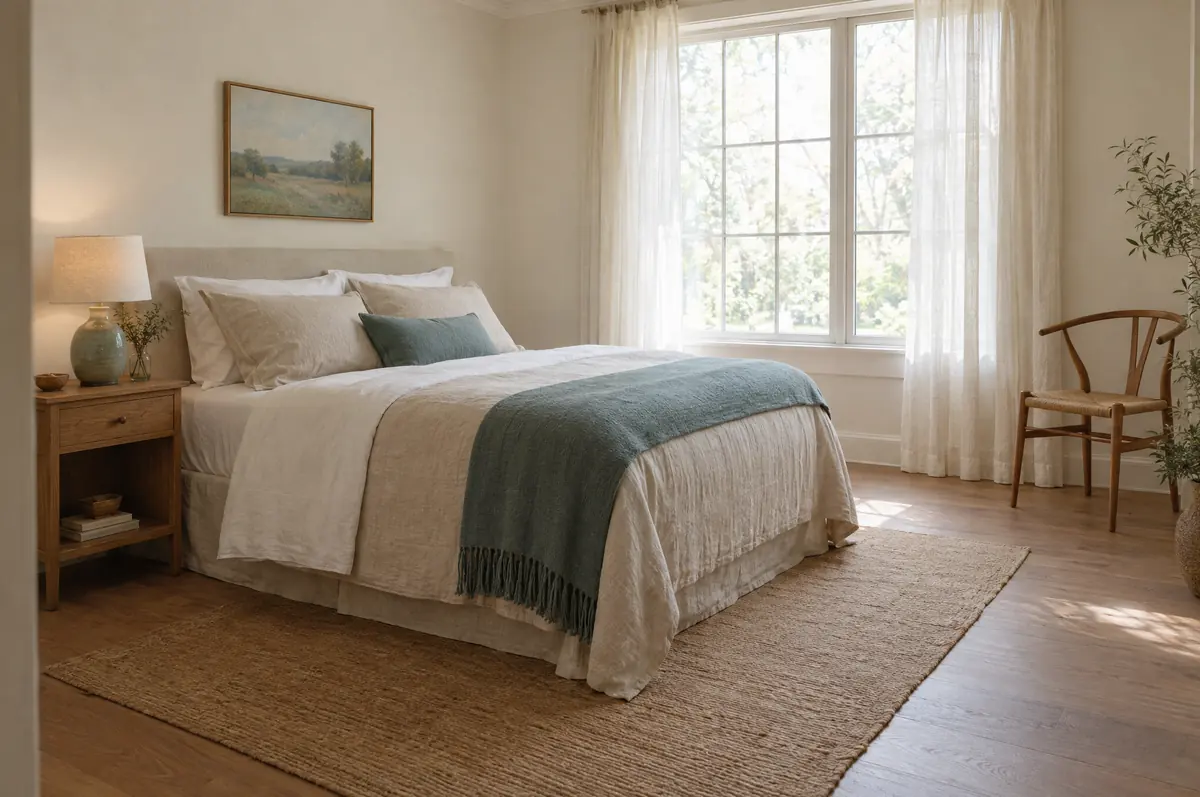 A calm bedroom with a made bed, a teal throw and a large window.