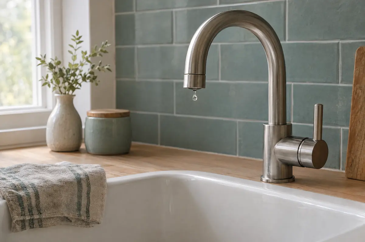 A kitchen faucet over a white sink in front of a muted teal tile backsplash.