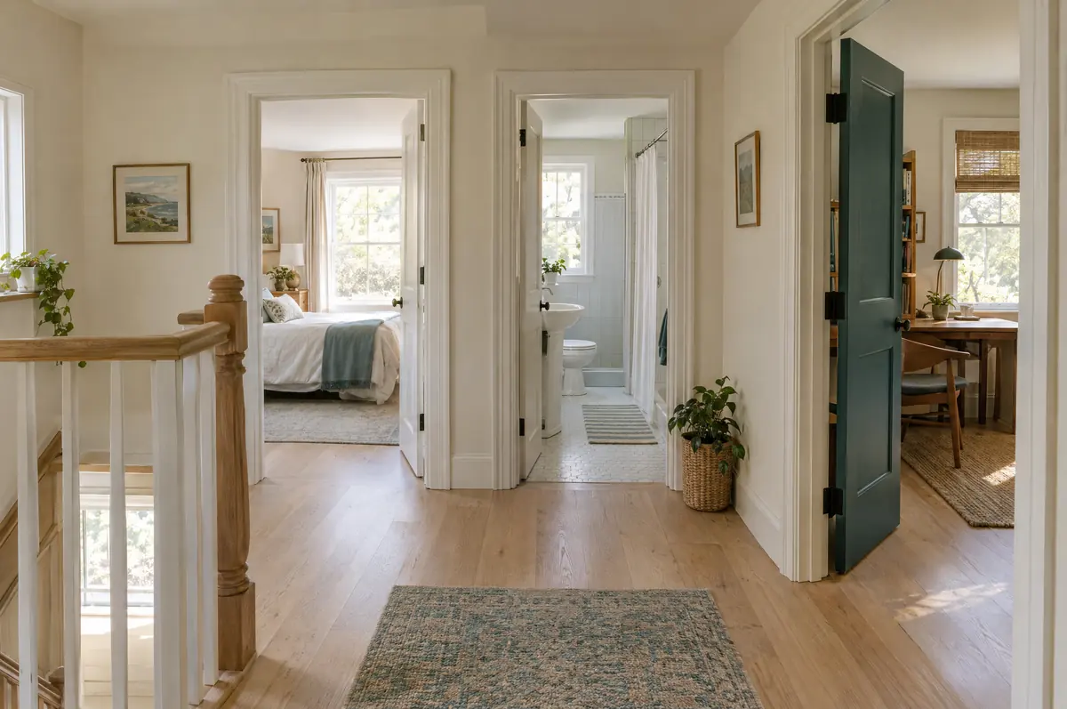 An upstairs landing with doors open to a bedroom, a bathroom and a study.
