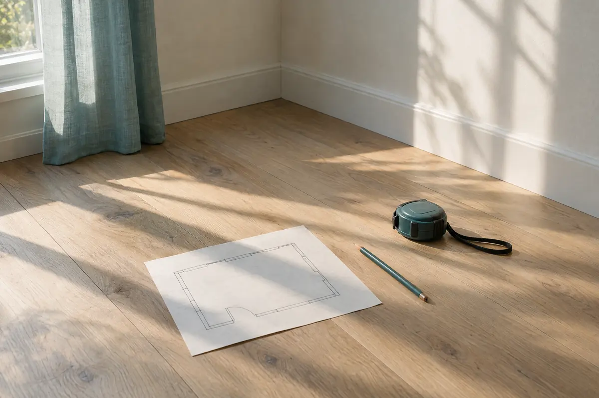 A tape measure, pencil and a simple floor-plan sketch on a sunlit wooden floor.