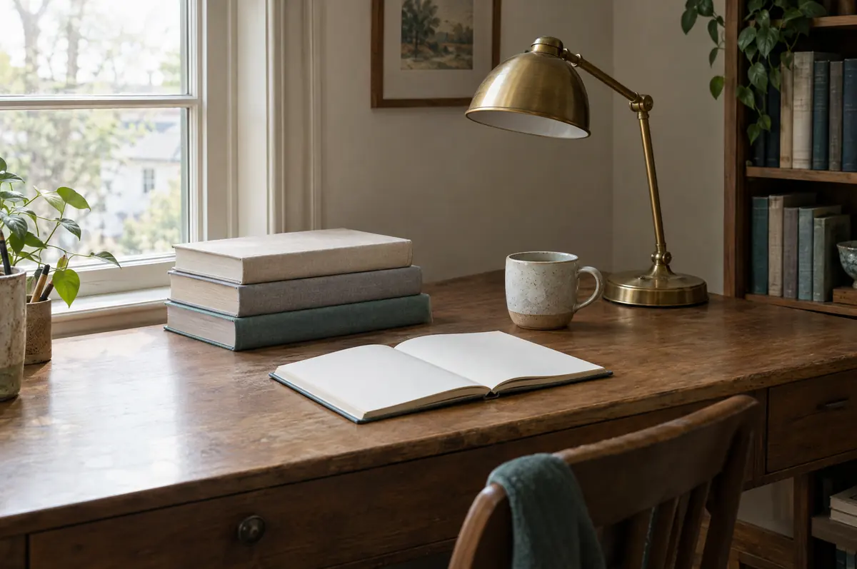 A writing desk by a window with stacked books, an open notebook and a lamp.