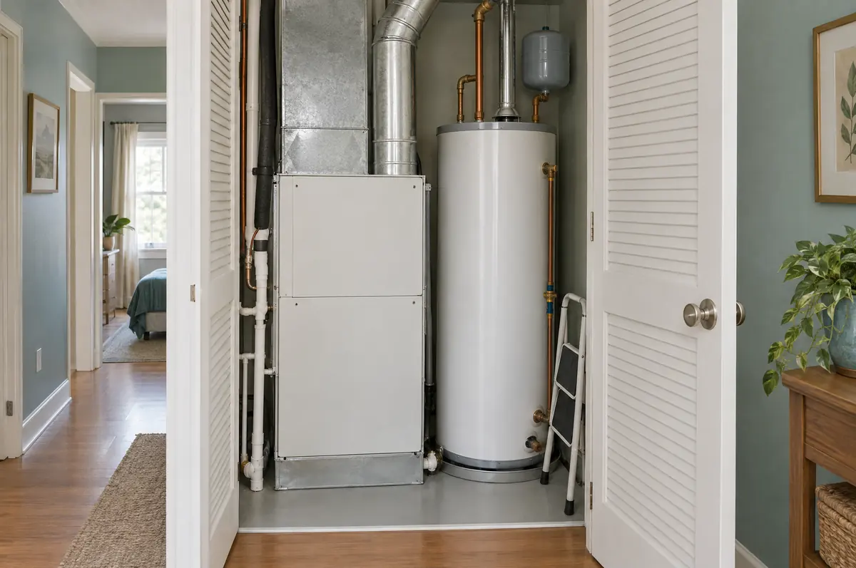 A tidy utility closet with a furnace air handler and a water heater.