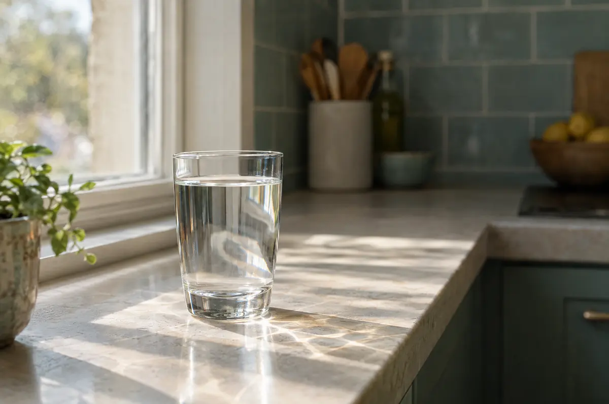 A glass of water on a sunlit kitchen windowsill.